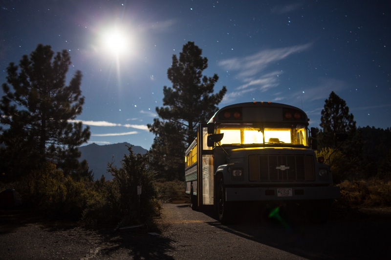 The bus resting for the night in the Eastern Sierra Mountains.