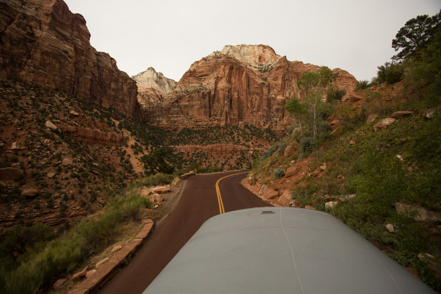 The bus traveling through Zion.